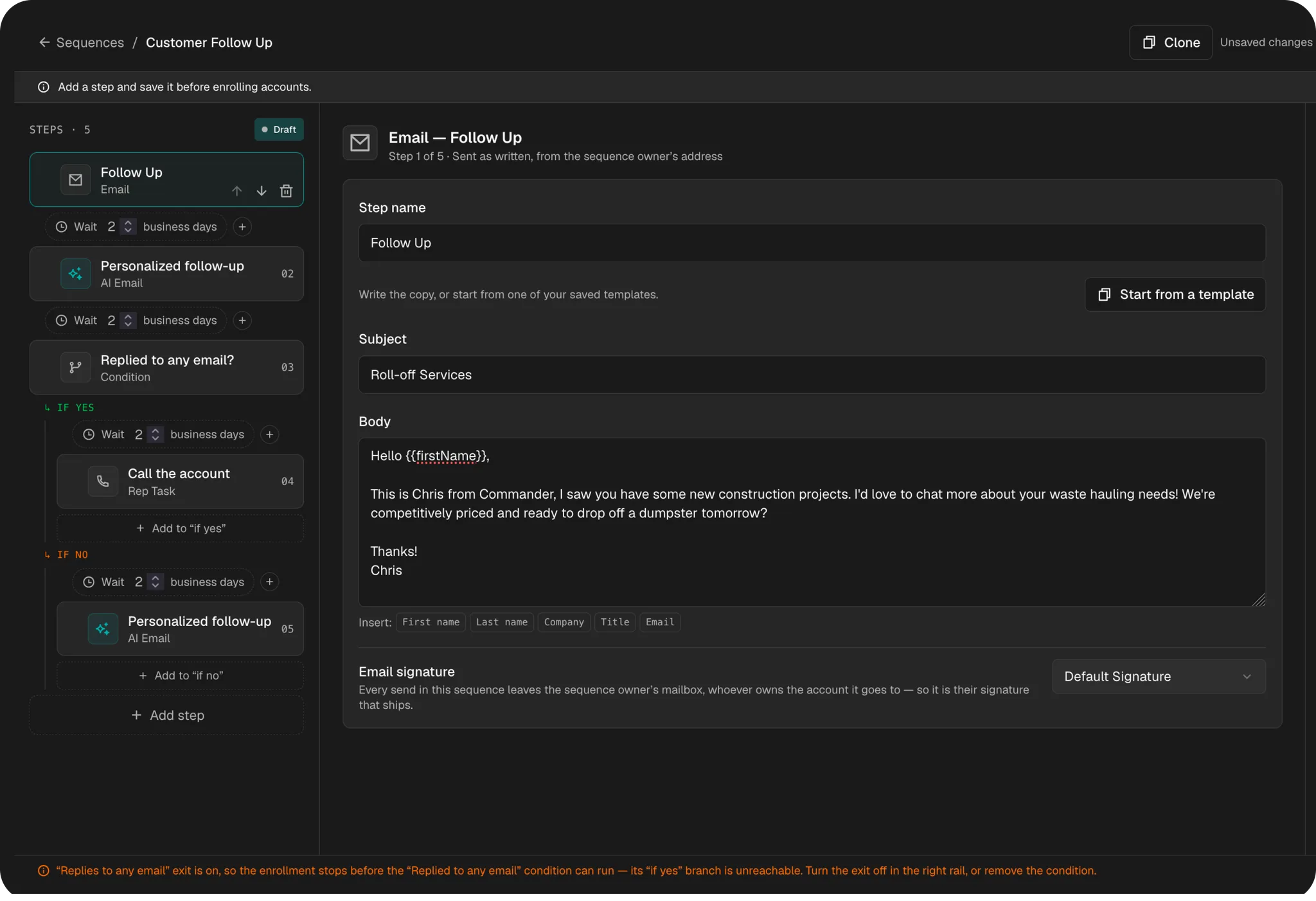An outreach sequence in CommanderAI